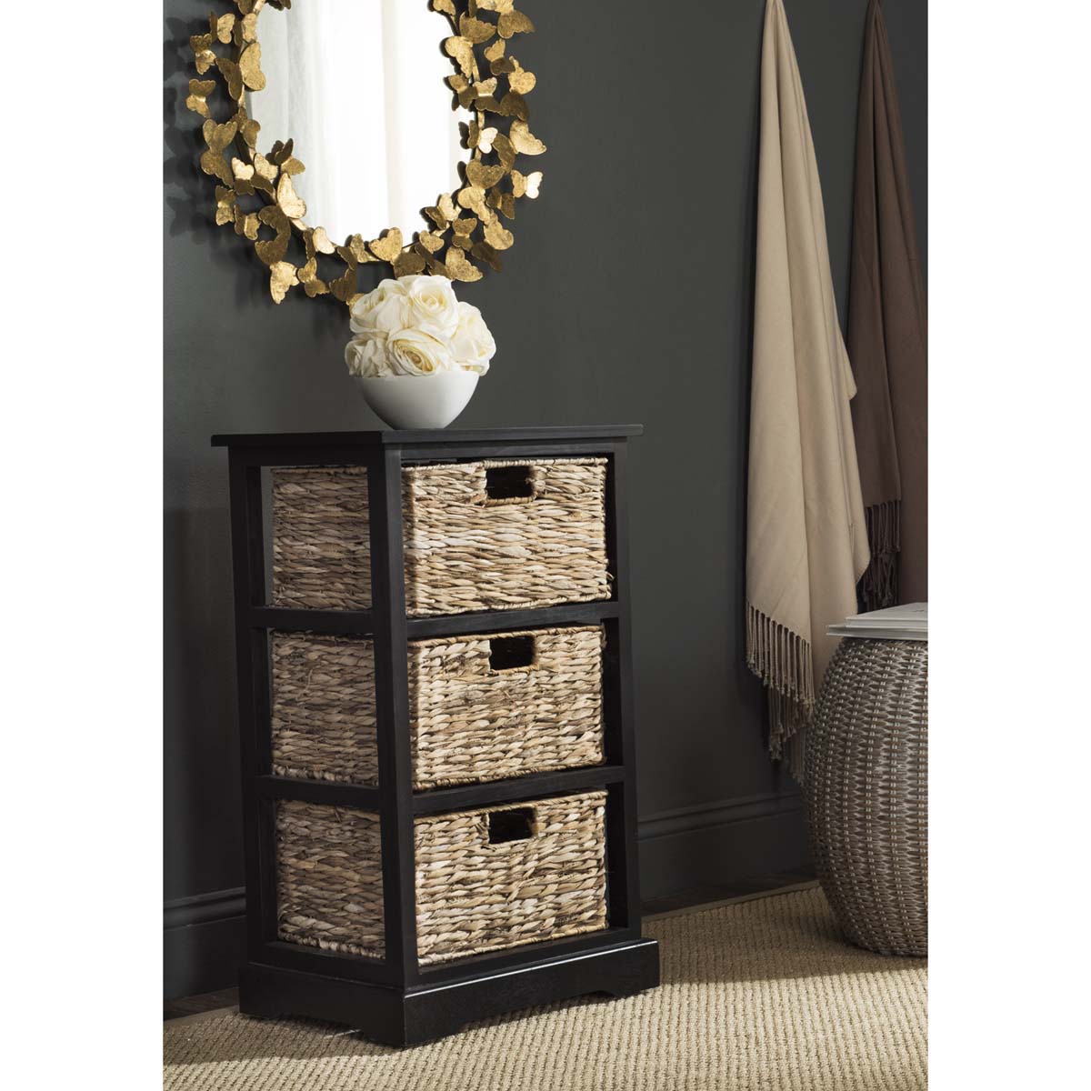 Safavieh Halle 3 Wicker Basket Storage Side Table - Distressed Black