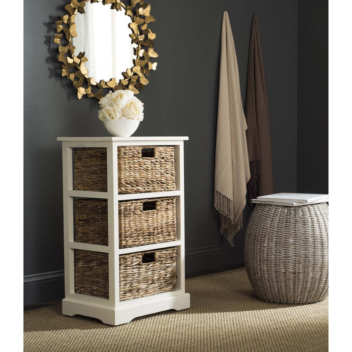 Safavieh Halle 3 Wicker Basket Storage Side Table - Distressed White