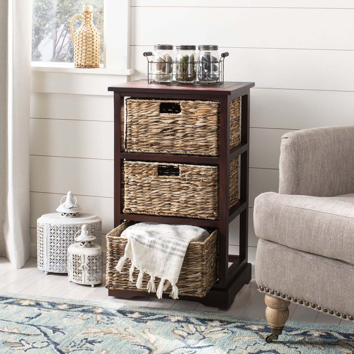 Safavieh Halle 3 Wicker Basket Storage Side Table - Cherry