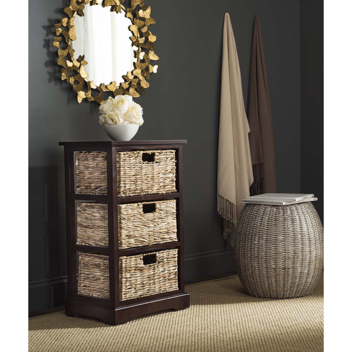 Safavieh Halle 3 Wicker Basket Storage Side Table - Cherry