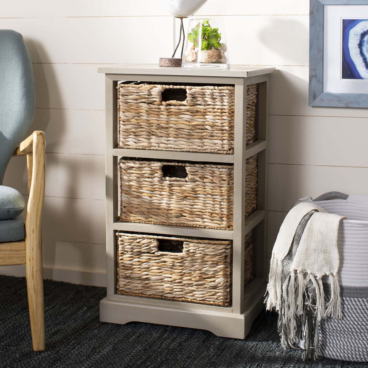 Safavieh Halle 3 Wicker Basket Storage Side Table - Vintage Grey