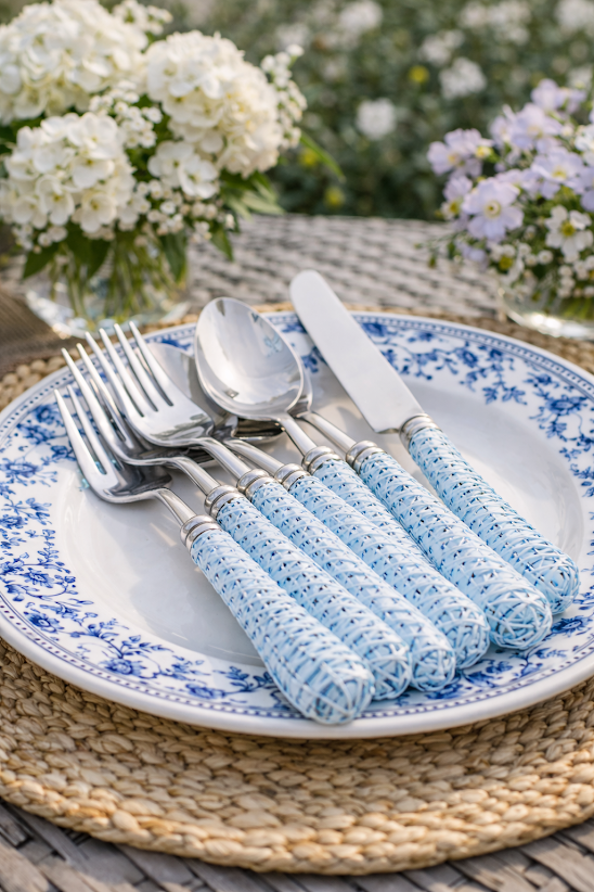 Soft Blue Basketweave Five Piece Flatware Set