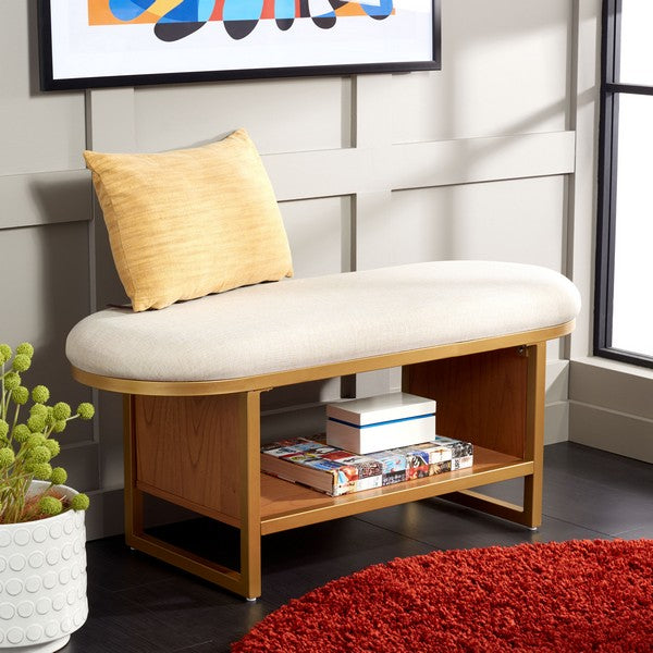 Iona Open Shelf Bench W/Cushion, BCH5002 | Safavieh - Cream / Walnut 