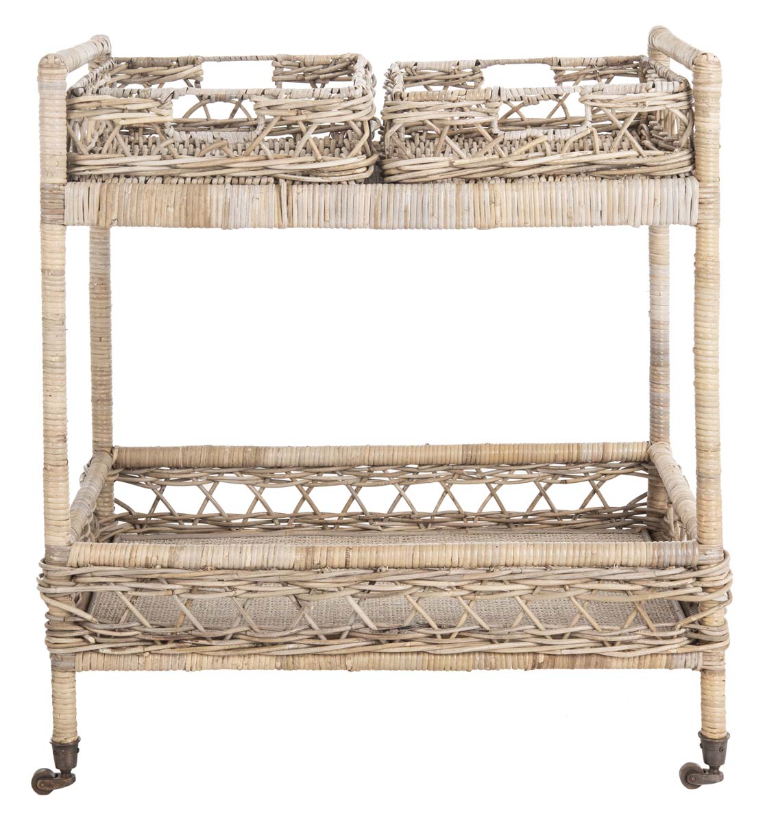 Safavieh Ambrose 2 Tier Rattan Bar Cart - Grey Wash/Antique Brass Wheels