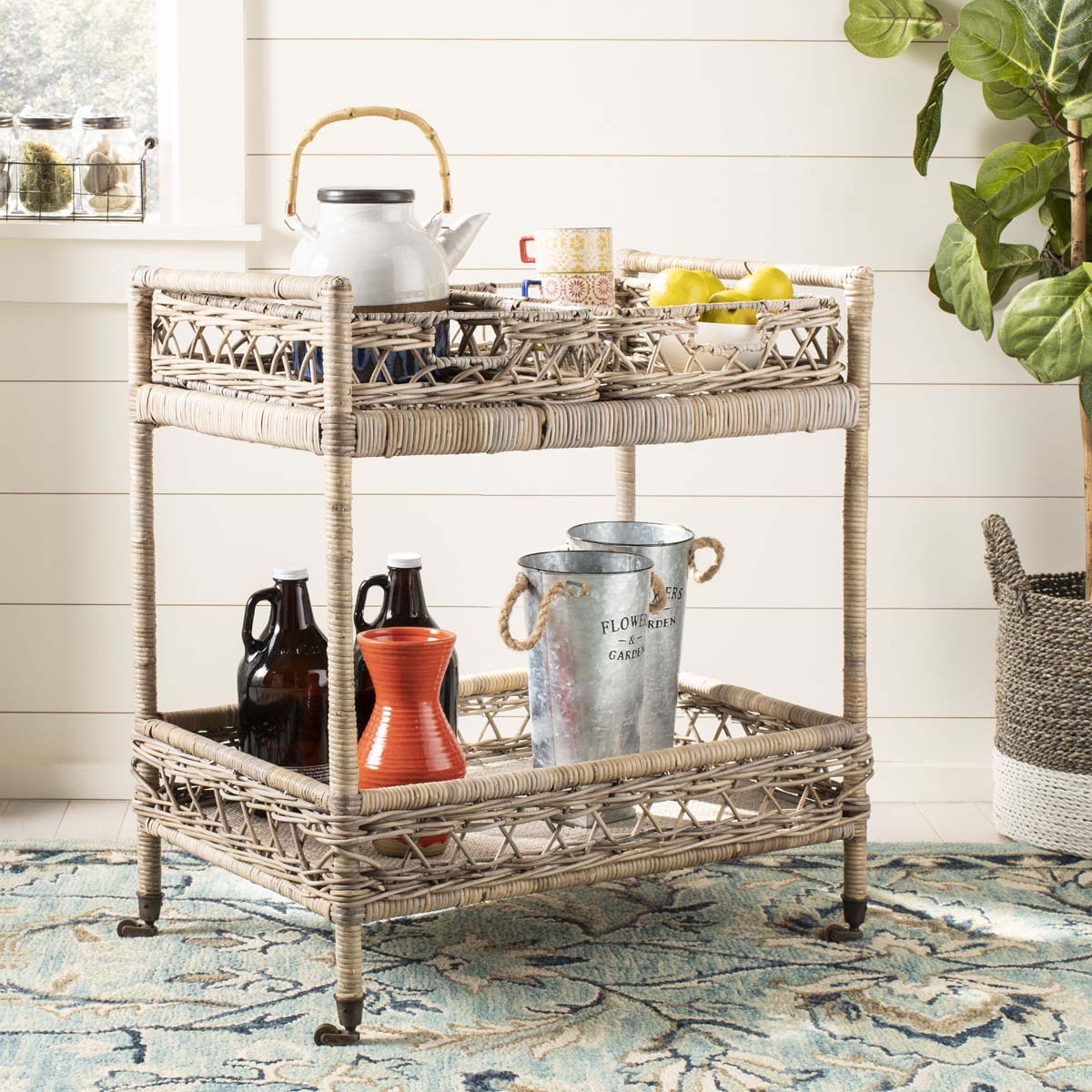 Safavieh Ambrose 2 Tier Rattan Bar Cart - Grey Wash/Antique Brass Wheels