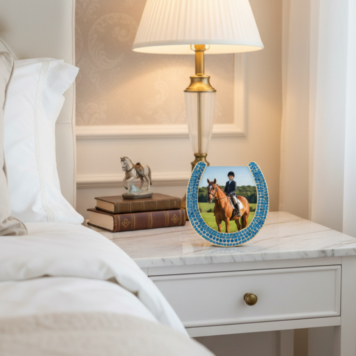 Horseshoe Frame with Capri Blue Stones, Gold