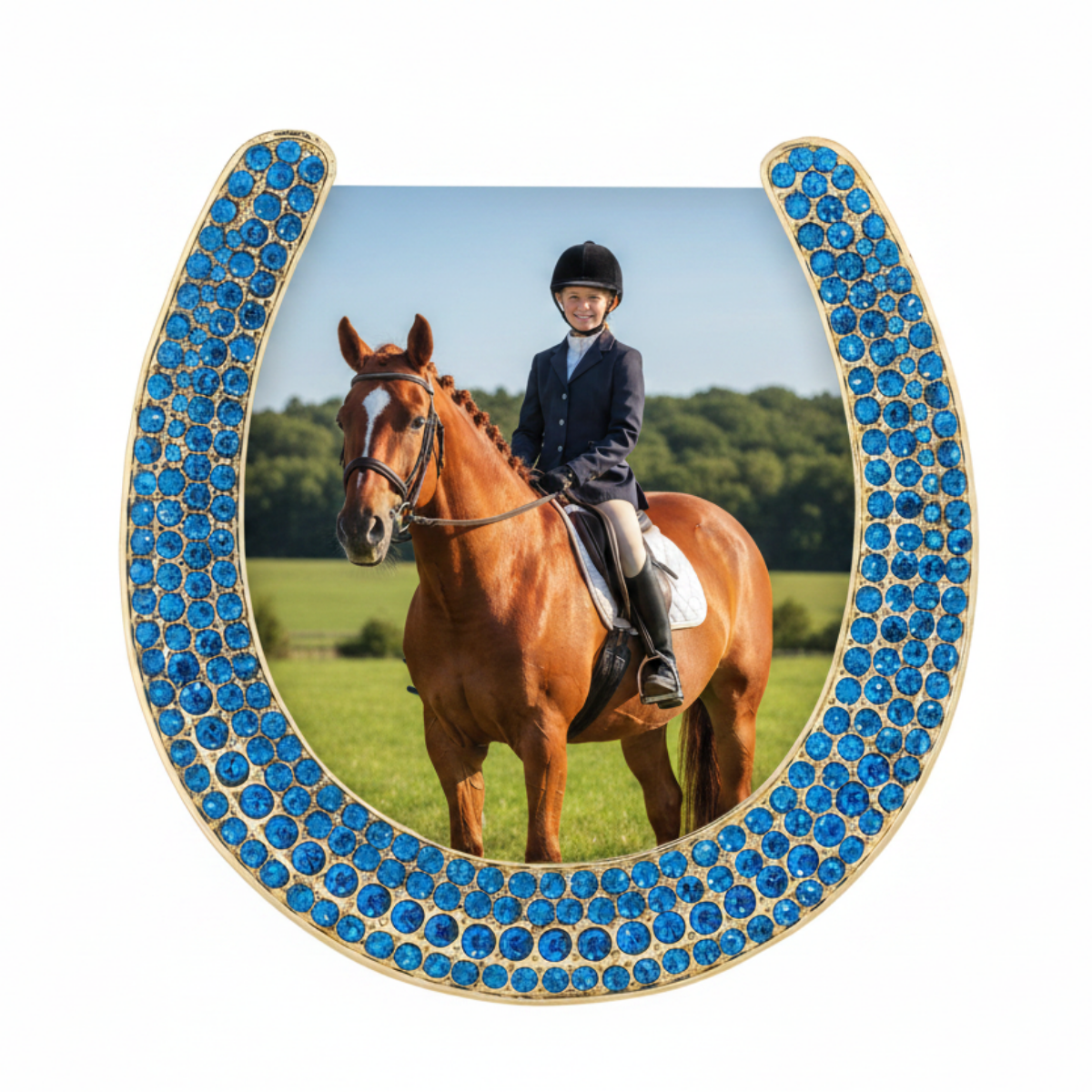 Horseshoe Frame with Capri Blue Stones, Gold