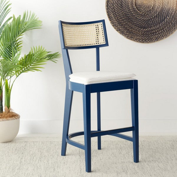 Galway Cane Counter Stool, BST1504 | Safavieh - Navy / Natural