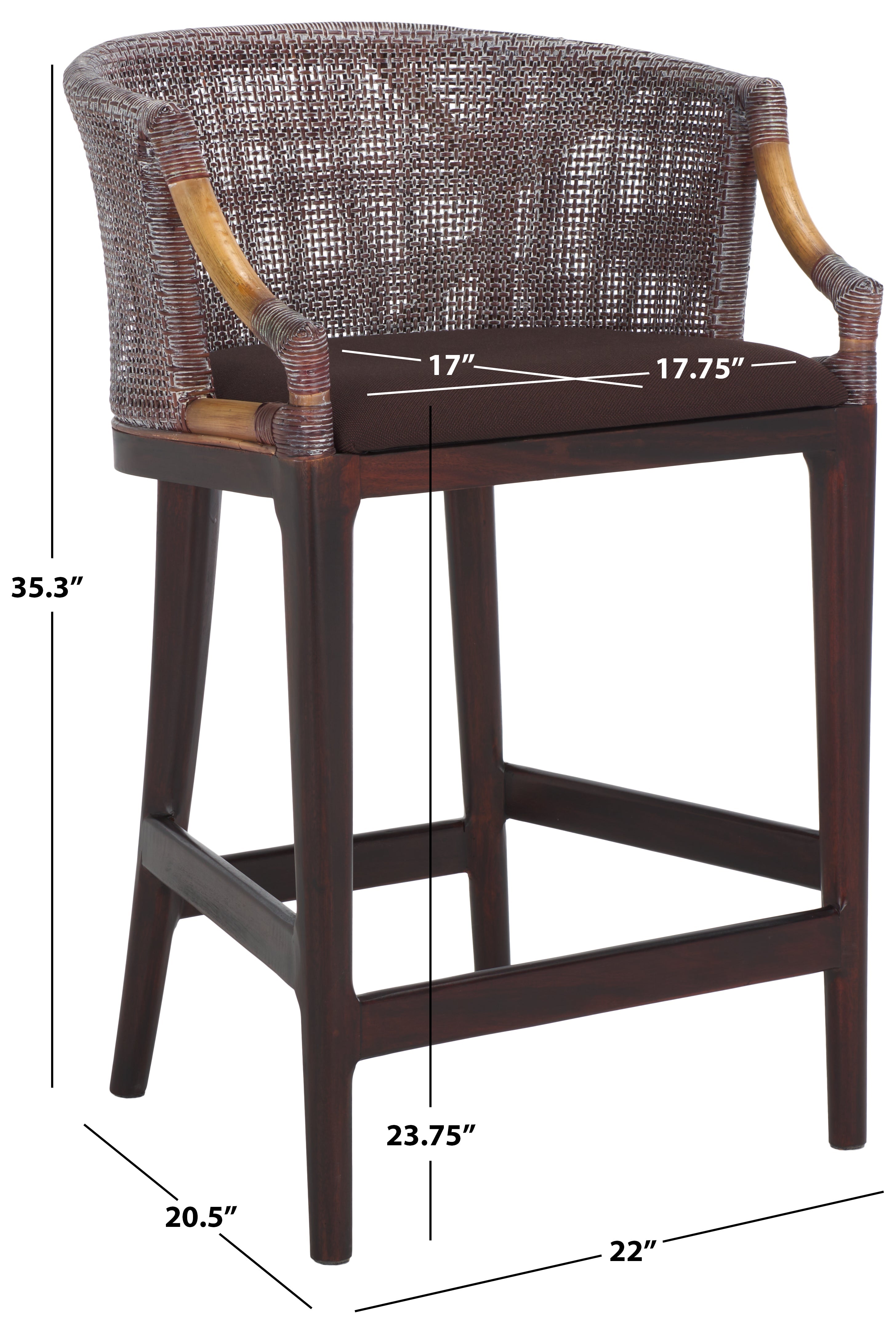 Brando Counter Stool | Safavieh - BST4000 - Brown White Wash Weave / Brown / Dark Brown Cushion