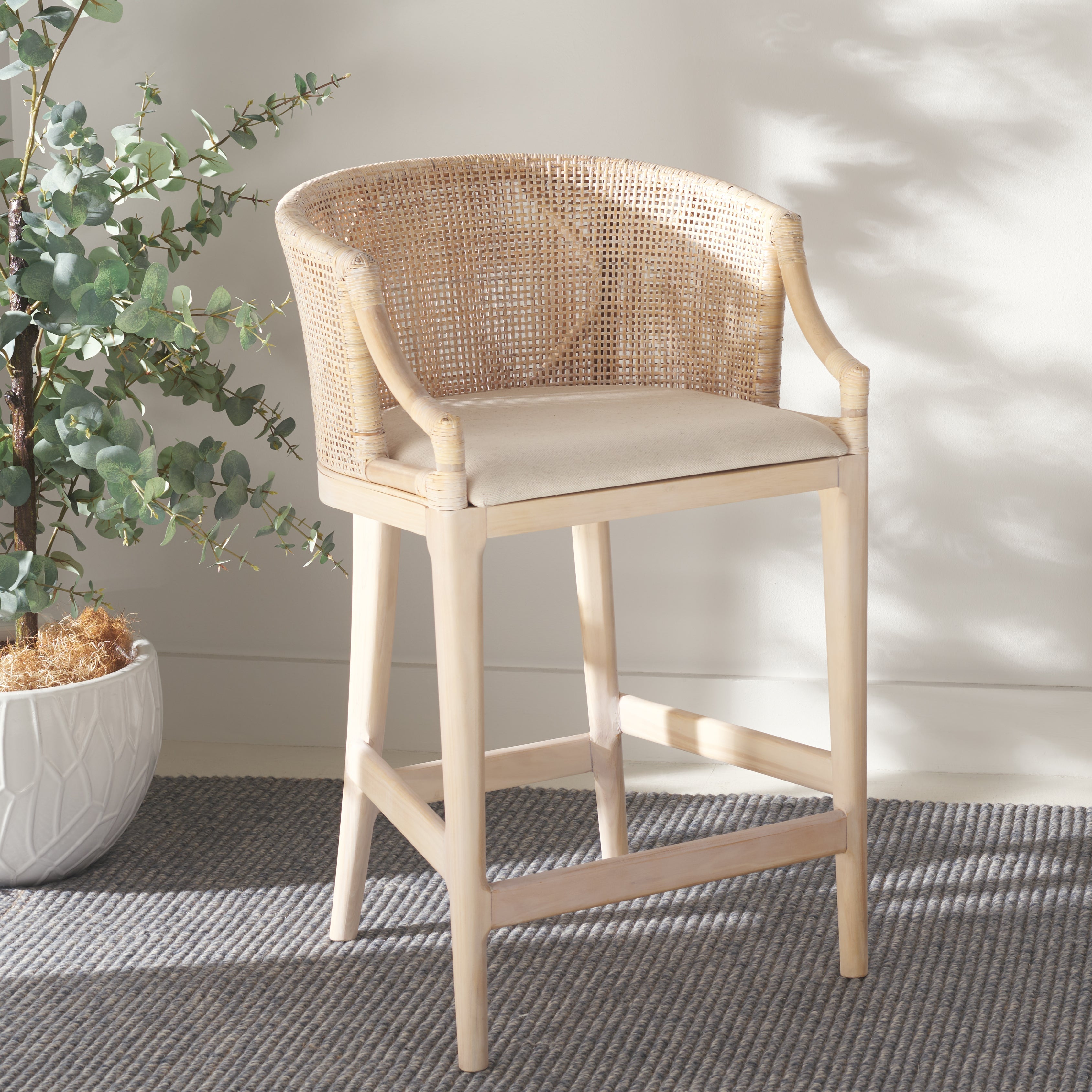 Brando Counter Stool | Safavieh - BST4000 - Natural White Wash Weave / White Wash / Holy White Cushion