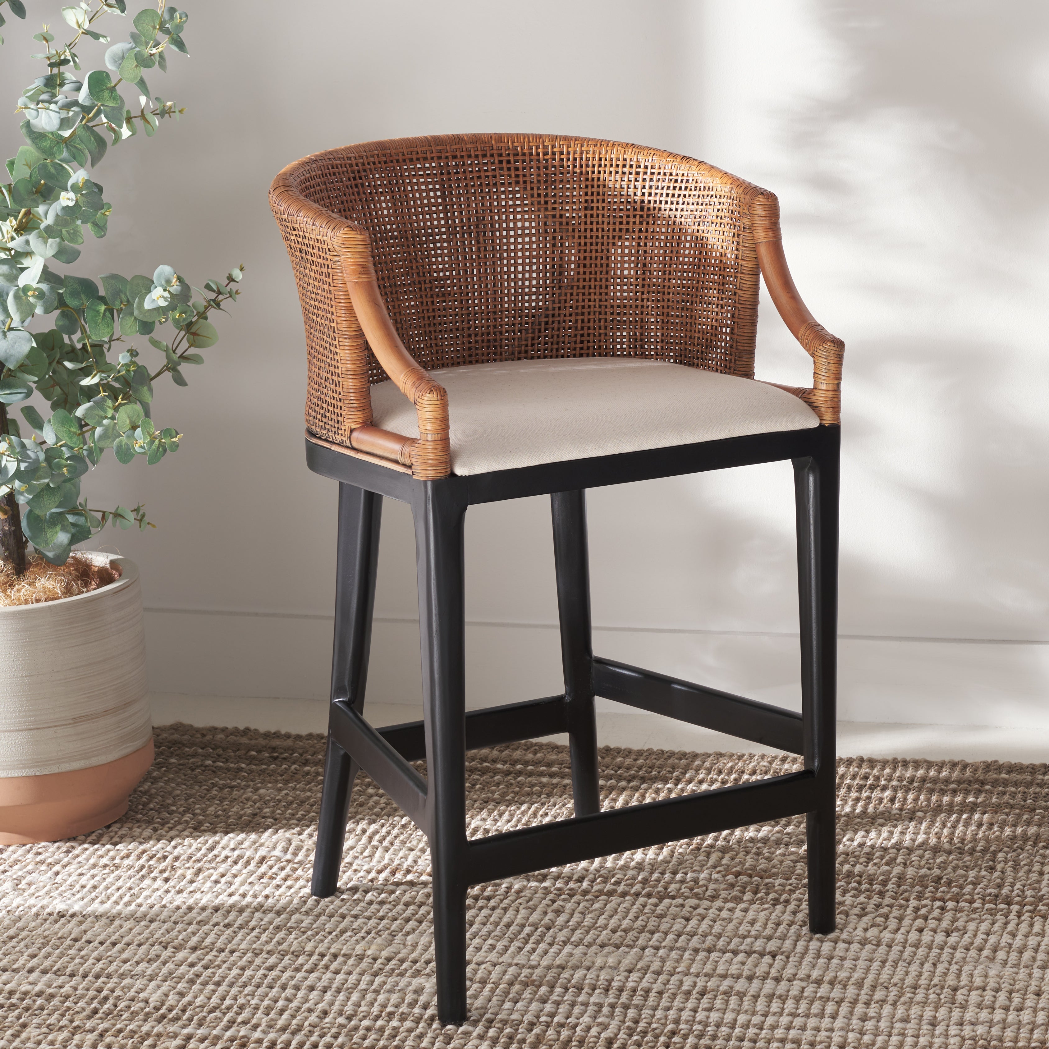 Brando Counter Stool | Safavieh - BST4000 - Brown Weave / Black / Holy White Cushion