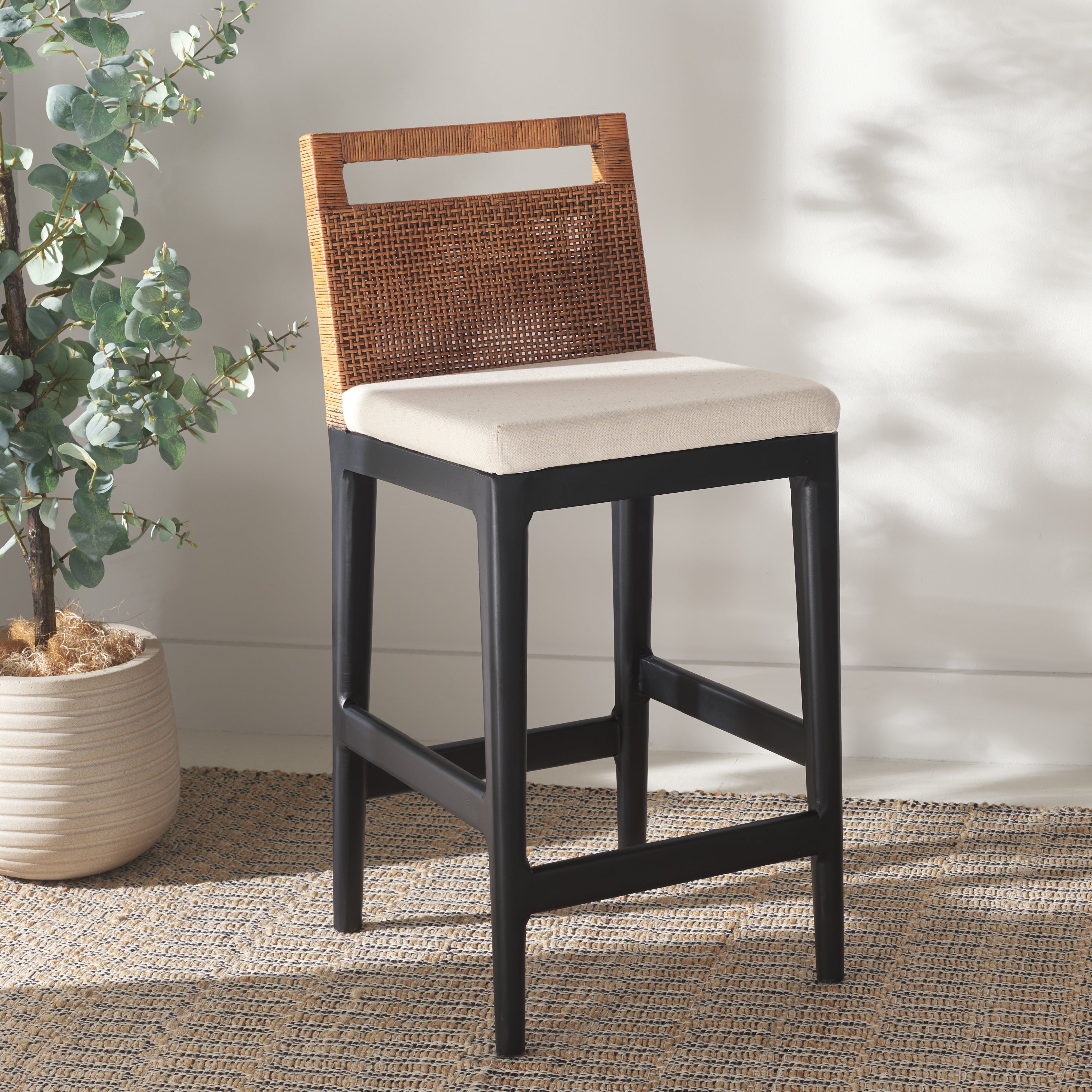 Darin Counter Stool | Safavieh - BST4001 - Brown Weaving / Black / White Cushion