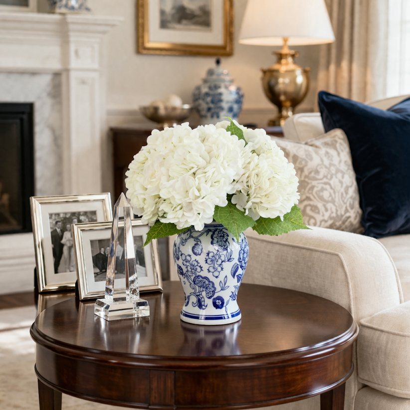 White Hydrangea in Floral Porcelain Jar