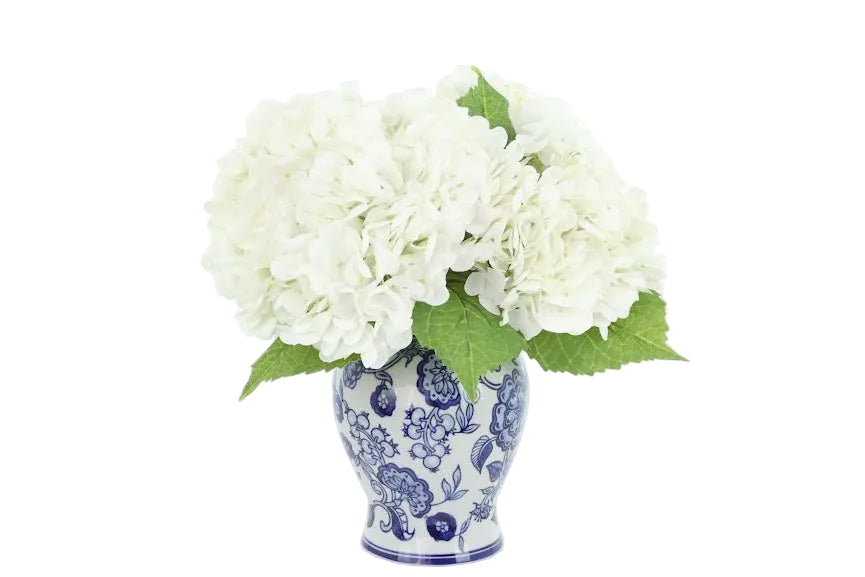 White Hydrangea in Floral Porcelain Jar