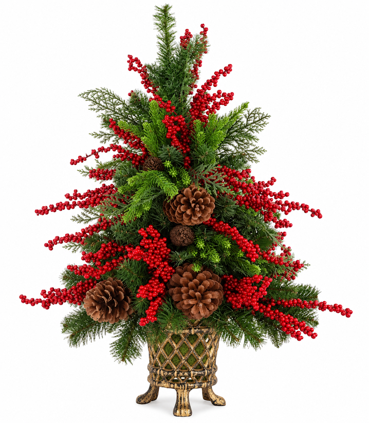 Red Berry Holiday Tree in Gold Lattice Planter