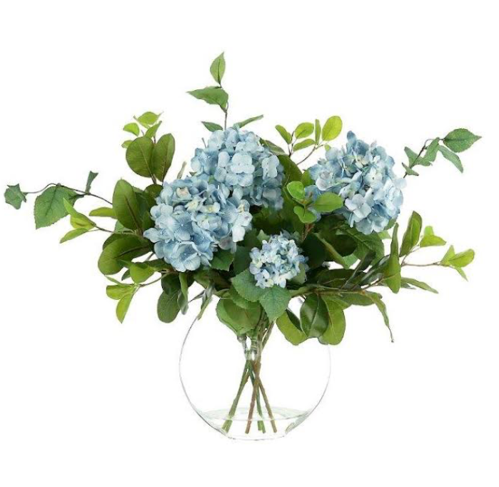 Hydrangea and Leaves Arranged in Glass Vase