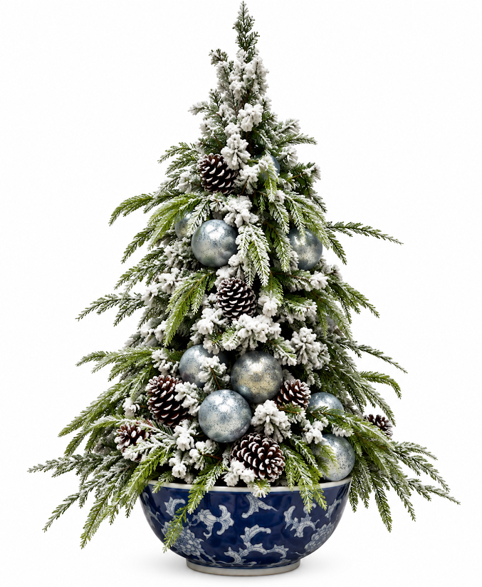 Flocked Holiday Tree in Navy Porcelain Bowl