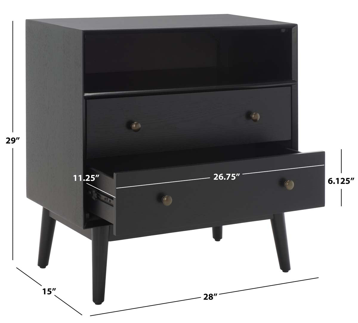 Scully 2 Drawer 1 Shelf Chest | Safavieh - Black/ Antique Gold Drawer Knobs