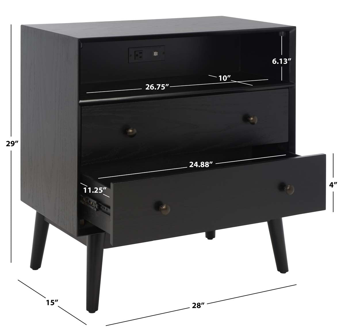 Scully 2 Drawer 1 Shelf Chest W/ Usb | Safavieh - Black / Gold