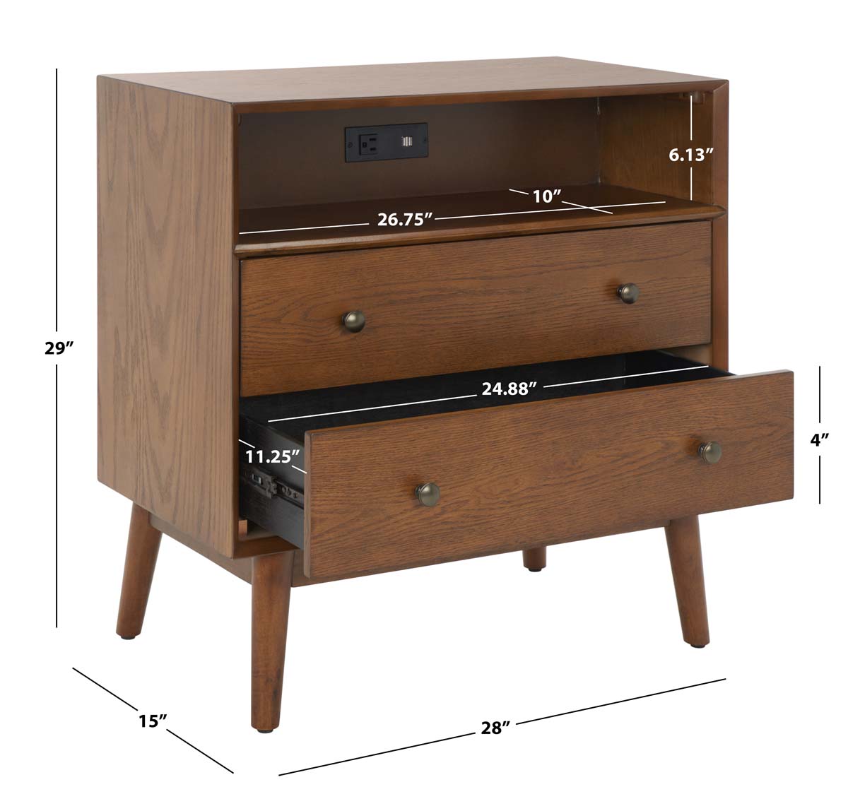 Scully 2 Drawer 1 Shelf Chest W/ Usb | Safavieh - Medium Oak / Gold