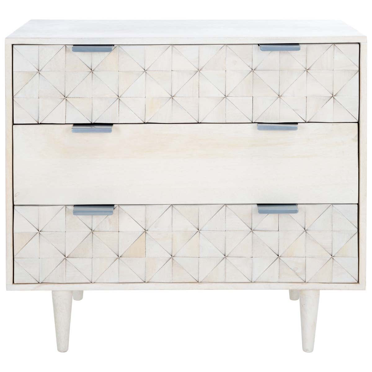 Zinnia 3 Drawer Chest  | Safavieh - White Washed / Silver