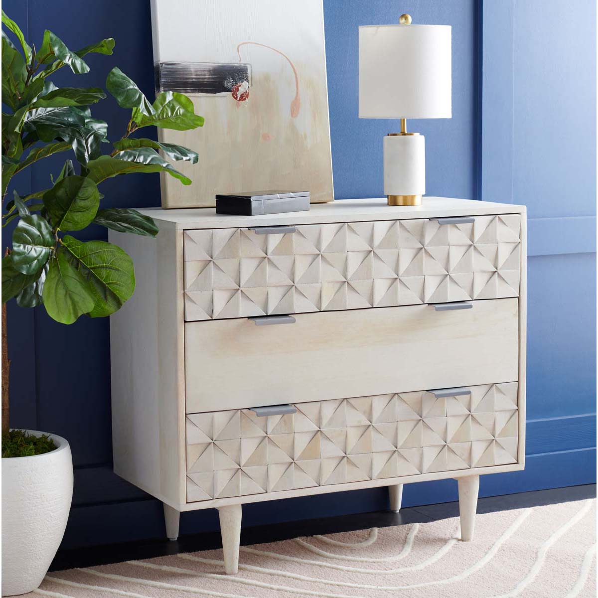 Zinnia 3 Drawer Chest  | Safavieh - White Washed / Silver