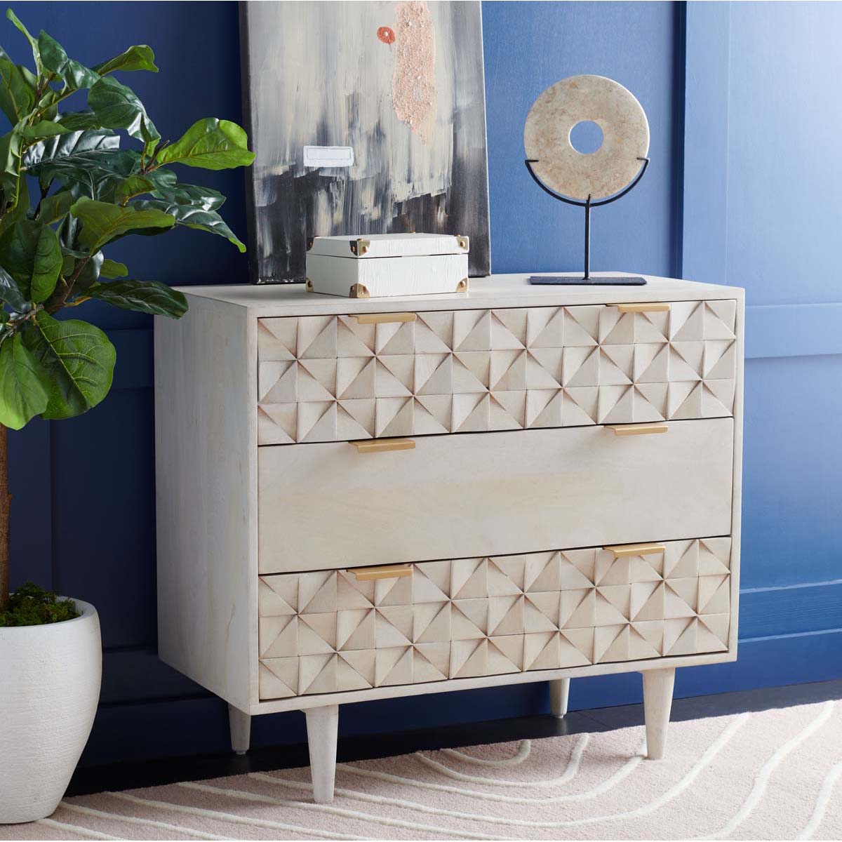 Zinnia 3 Drawer Chest  | Safavieh - White Washed / Brass