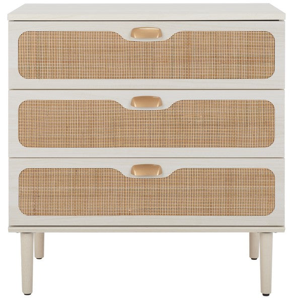 Irelia 3 Drawer Chest, CHS9602 | Safavieh - Bleached White / Natural Rattan / Gold Handle