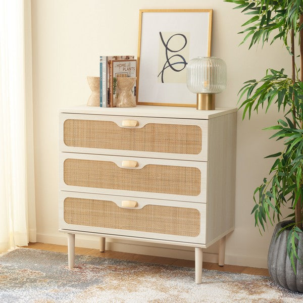 Irelia 3 Drawer Chest, CHS9602 | Safavieh - Bleached White / Natural Rattan / Gold Handle