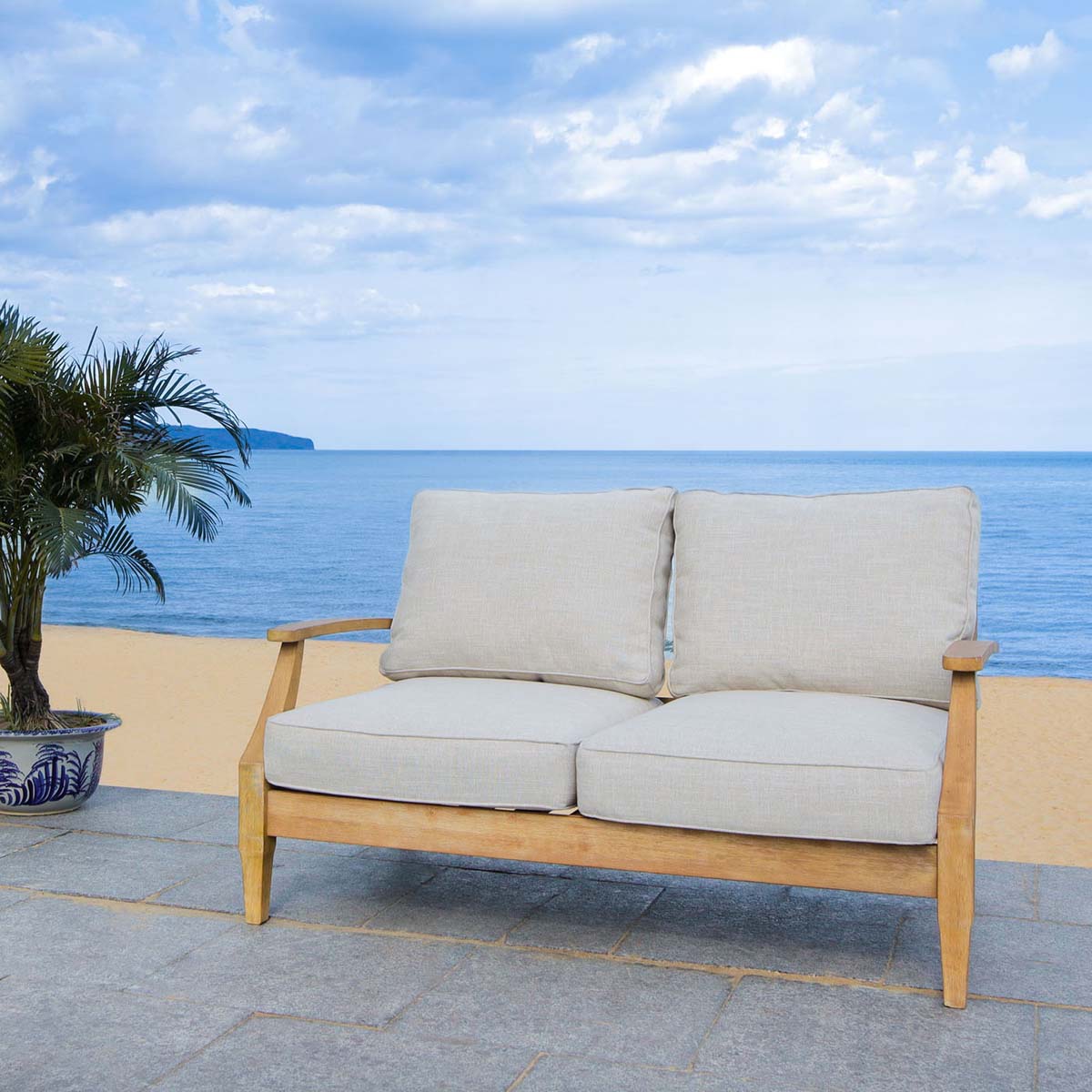 Safavieh Couture Martinique Wood Patio Loveseat - Natural / White