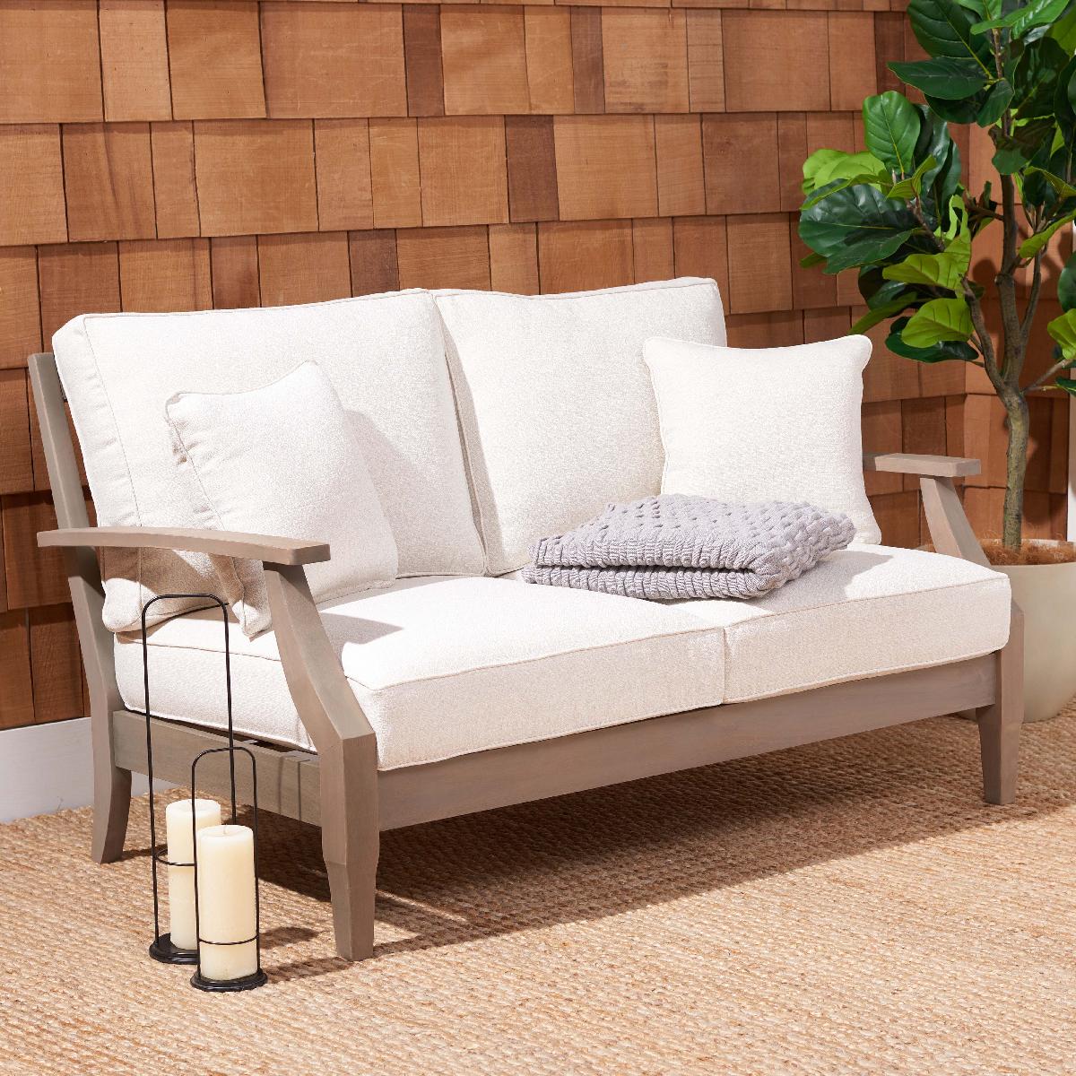 Safavieh Couture Martinique Wood Patio Loveseat - Light Grey / Beige