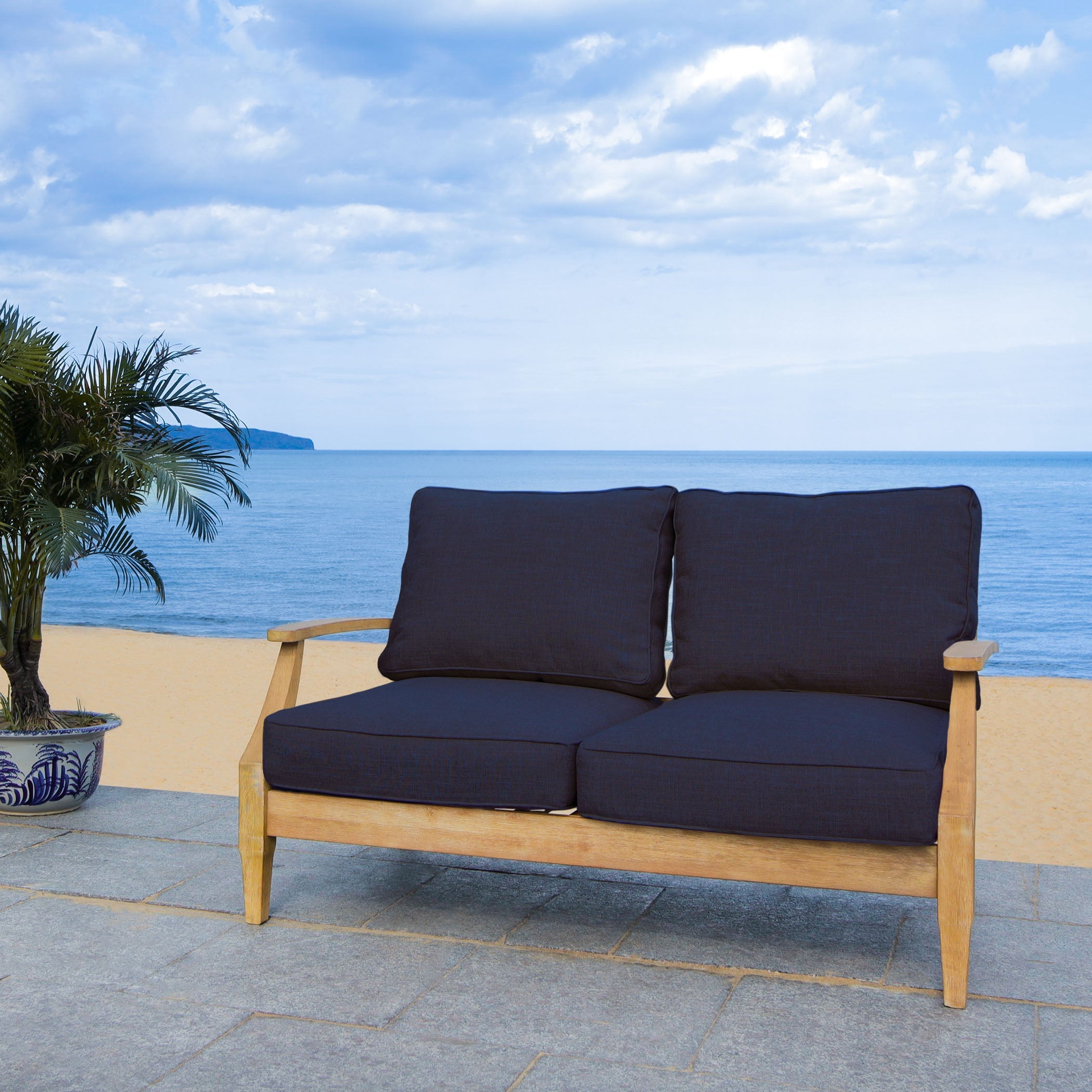 Safavieh Couture Martinique Wood Patio Loveseat - Natural / Navy