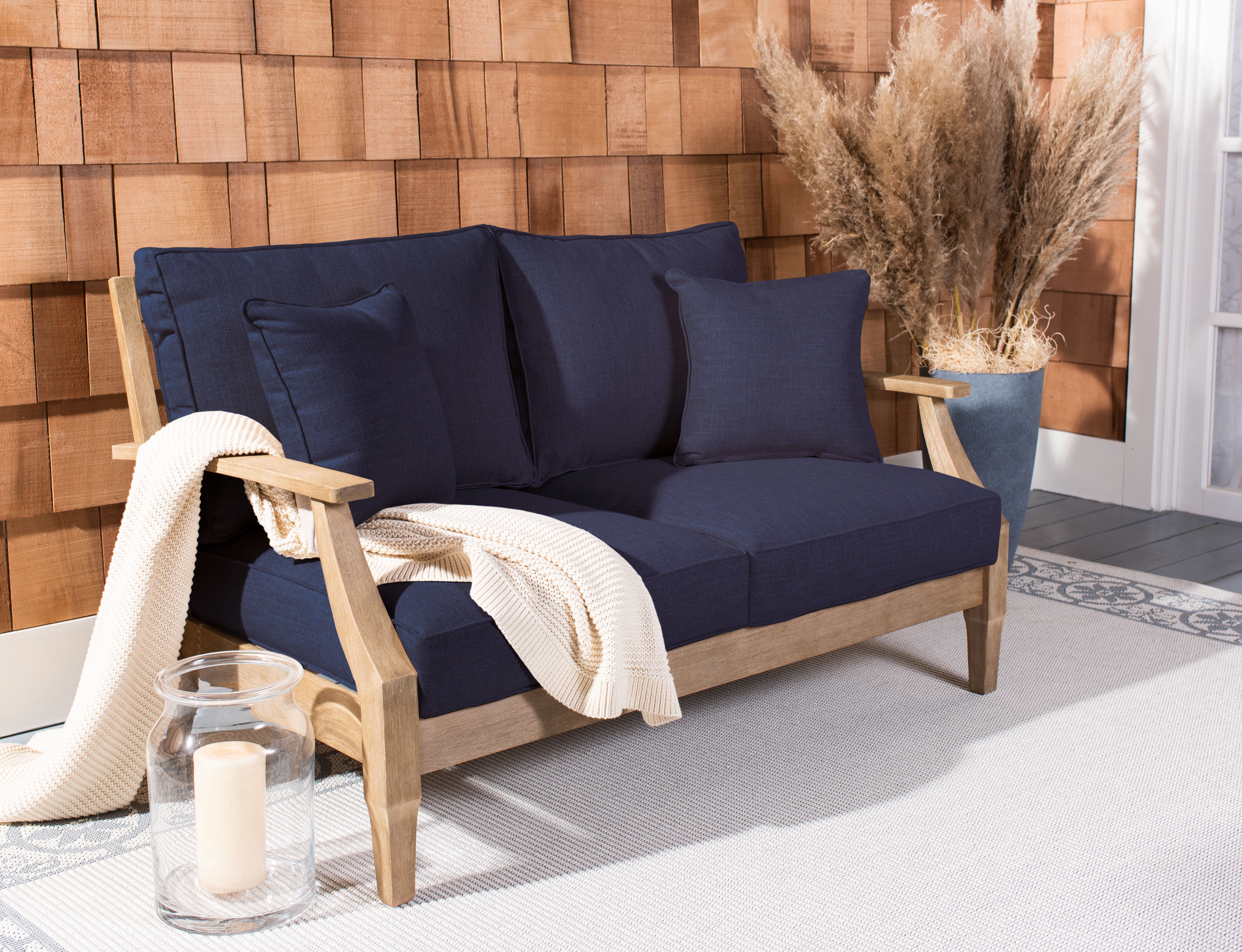 Safavieh Couture Martinique Wood Patio Loveseat - Natural / Navy