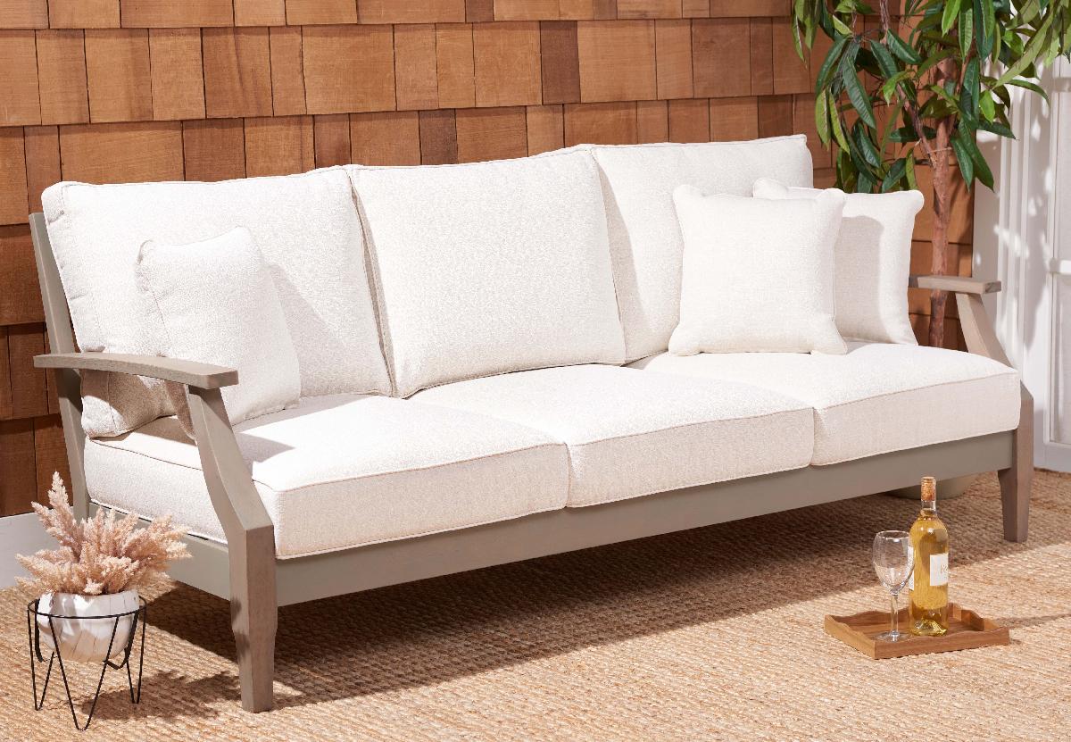 Safavieh Couture Martinique Wood Patio Sofa - Light Grey / Beige