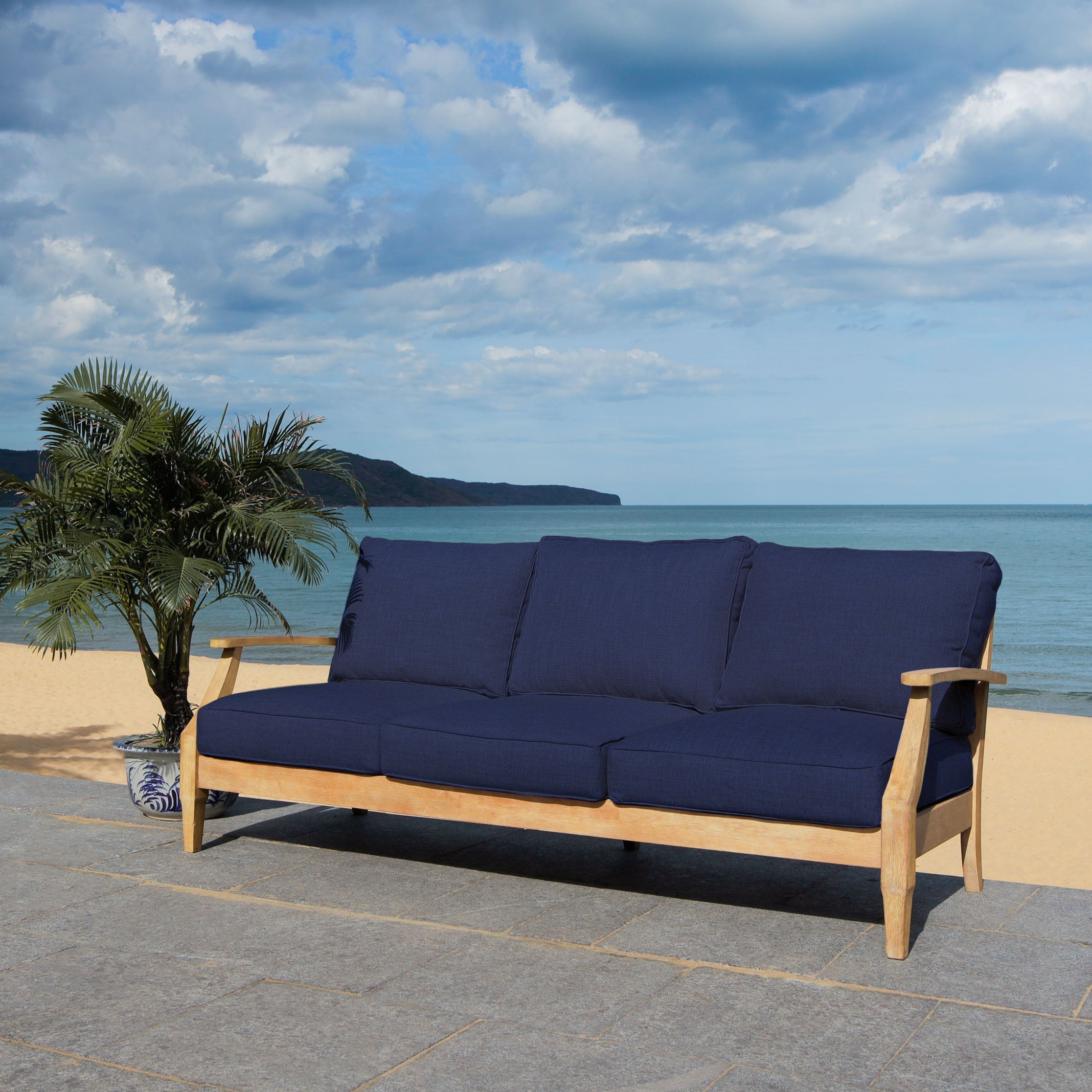 Safavieh Couture Martinique Wood Patio Sofa - Natural / Navy