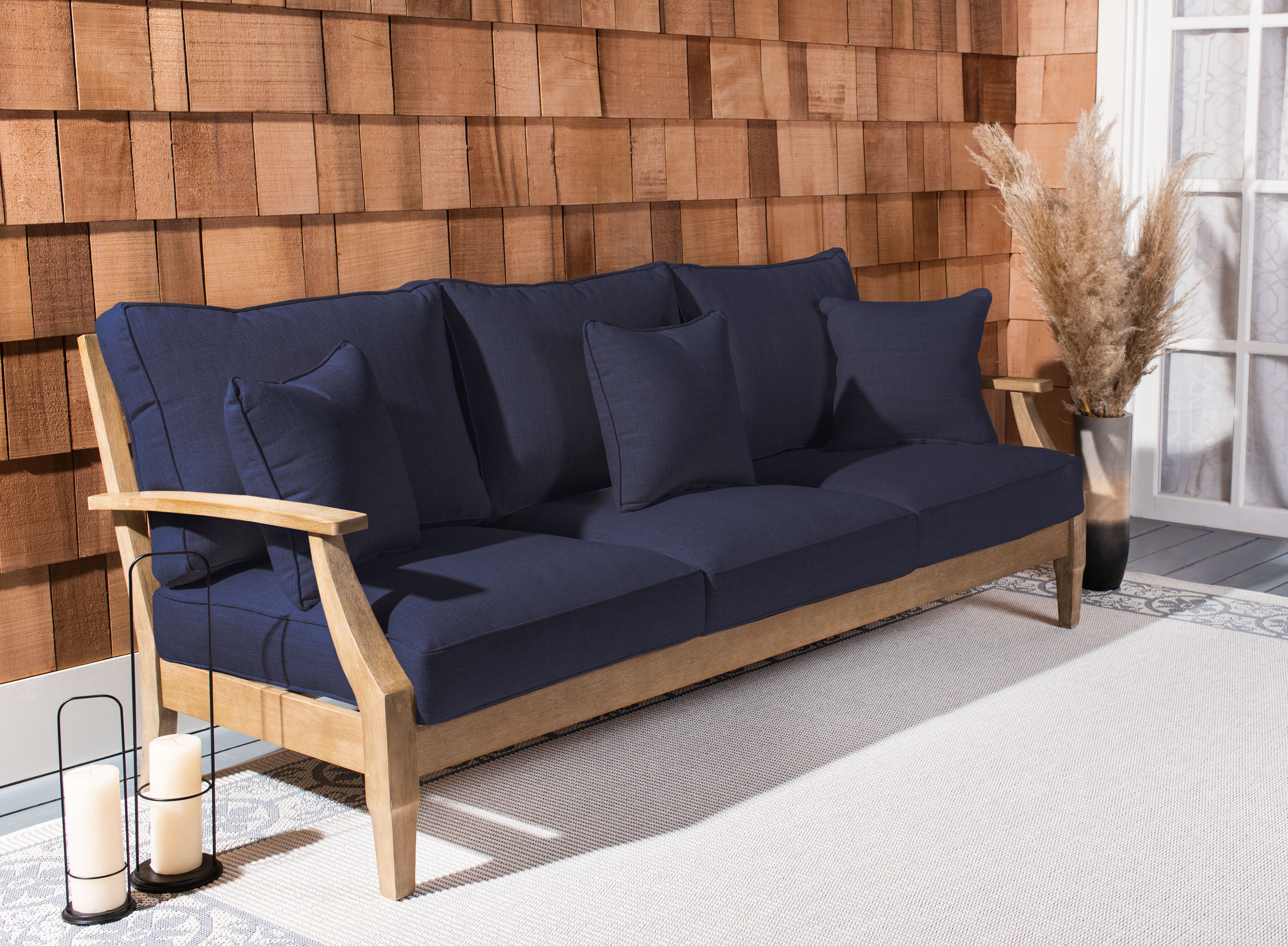 Safavieh Couture Martinique Wood Patio Sofa - Natural / Navy