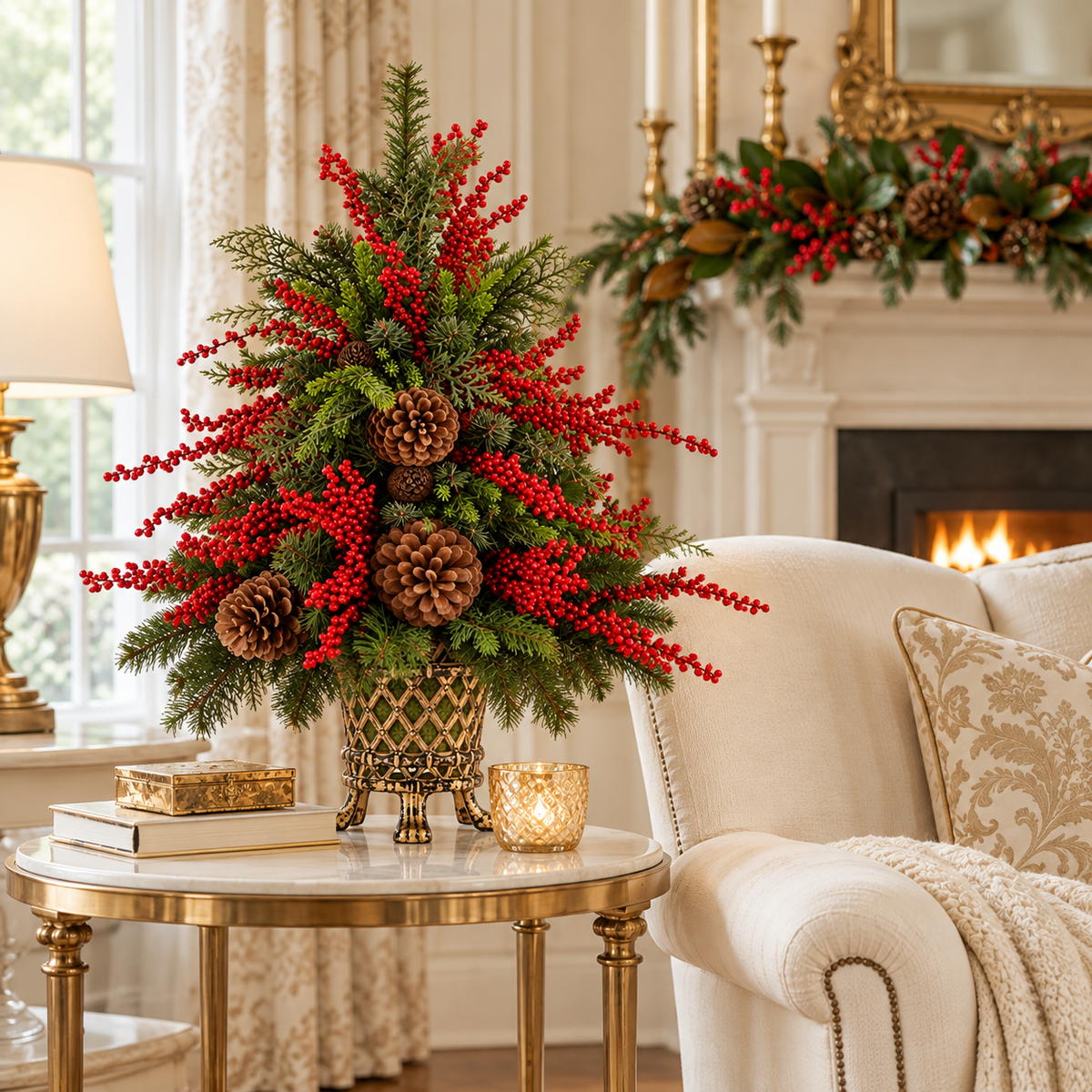 Red Berry Holiday Tree in Gold Lattice Planter