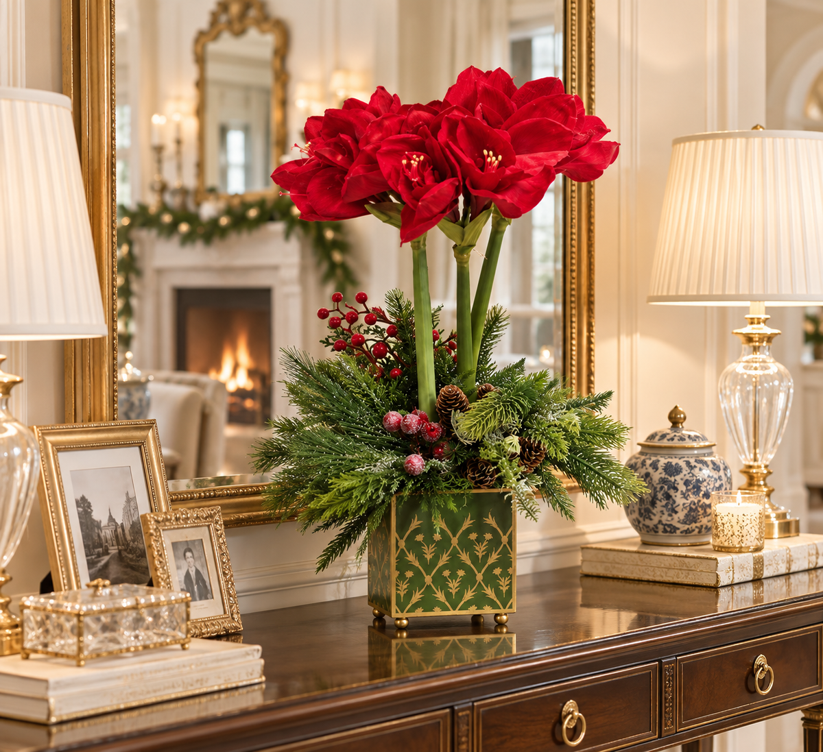 Red Amaryllis & Winter Greens in Chinoiserie Planter
