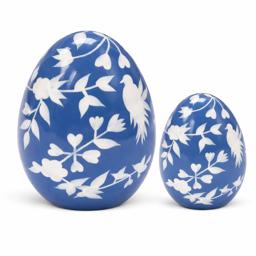 Navy & White Bird & Vine Egg