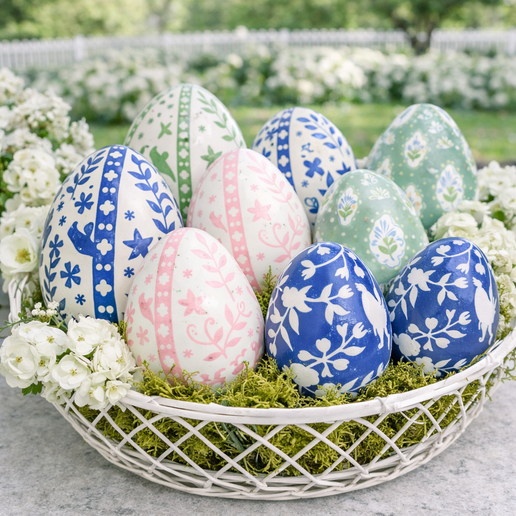 Navy & White Bird & Vine Egg