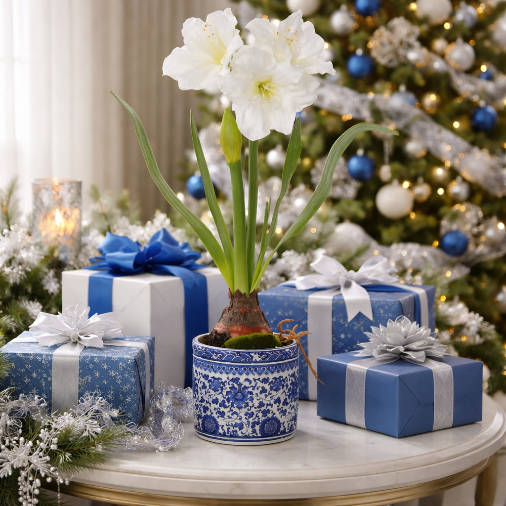 White Amaryllis in Blue & White Porcelain Planter Style 2