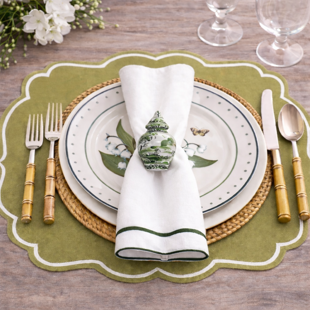 Green & White Village Scene Ginger Jar Set of 4 Napkin Ring