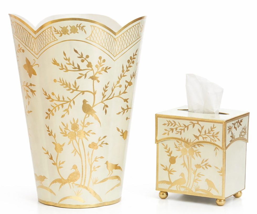 Pale Green & Gold Chinoiserie Wastepaper Basket & Tissue