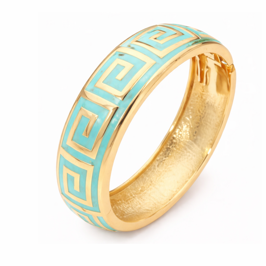 Turquoise Enameled Greek Key Hinged Bangle