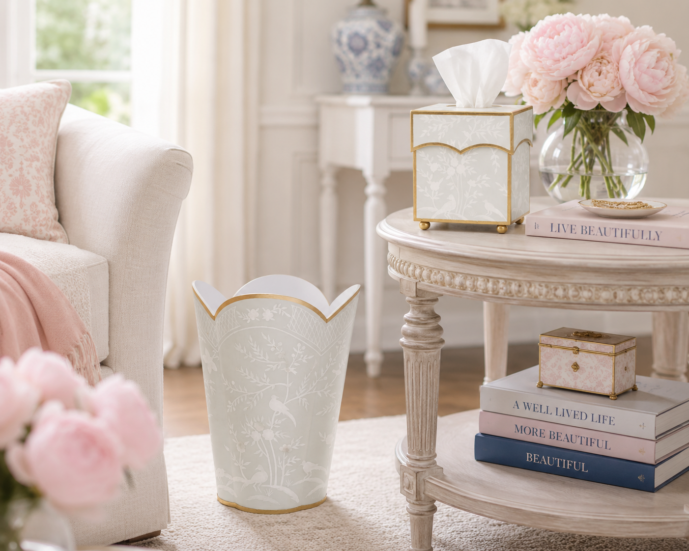 Mint Green & White Chinoiserie Wastepaper Basket & Tissue (3 Options)