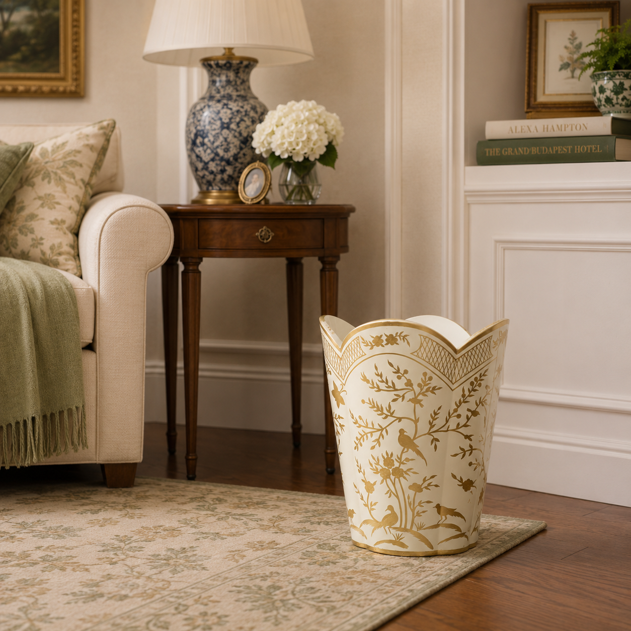 Pale Green & Gold Chinoiserie Wastepaper Basket & Tissue (3 Options)