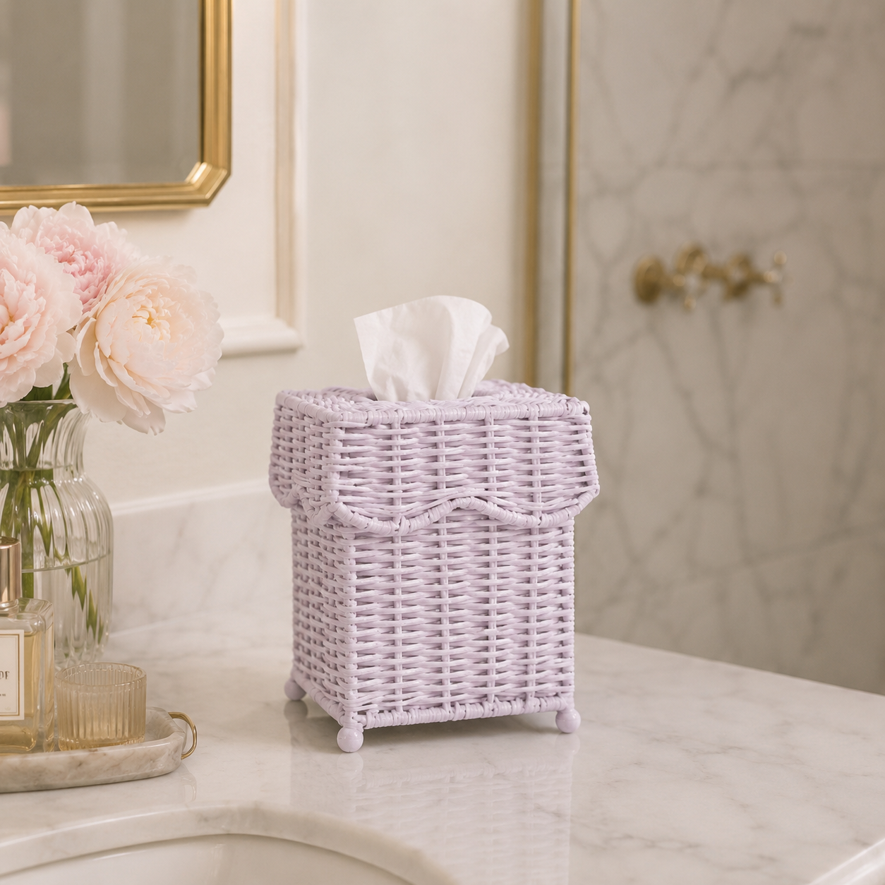 Pale Pink Scalloped Wicker Wastepaper Basket & Tissue Holder (3 Options)