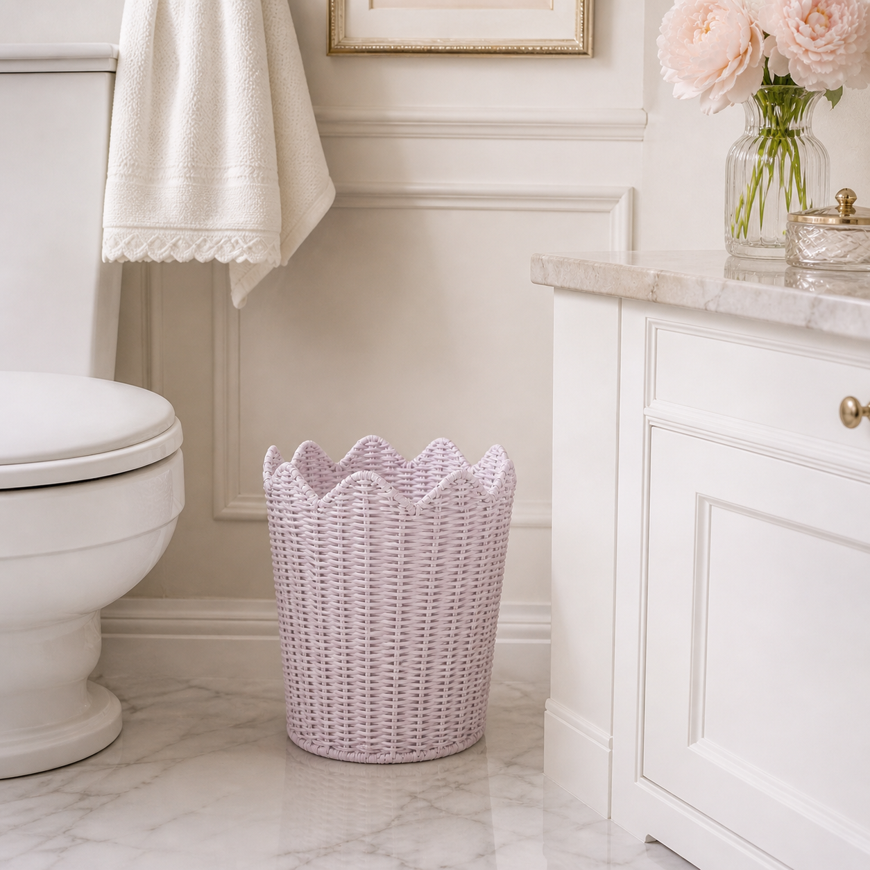 Pale Pink Scalloped Wicker Wastepaper Basket & Tissue Holder (3 Options)