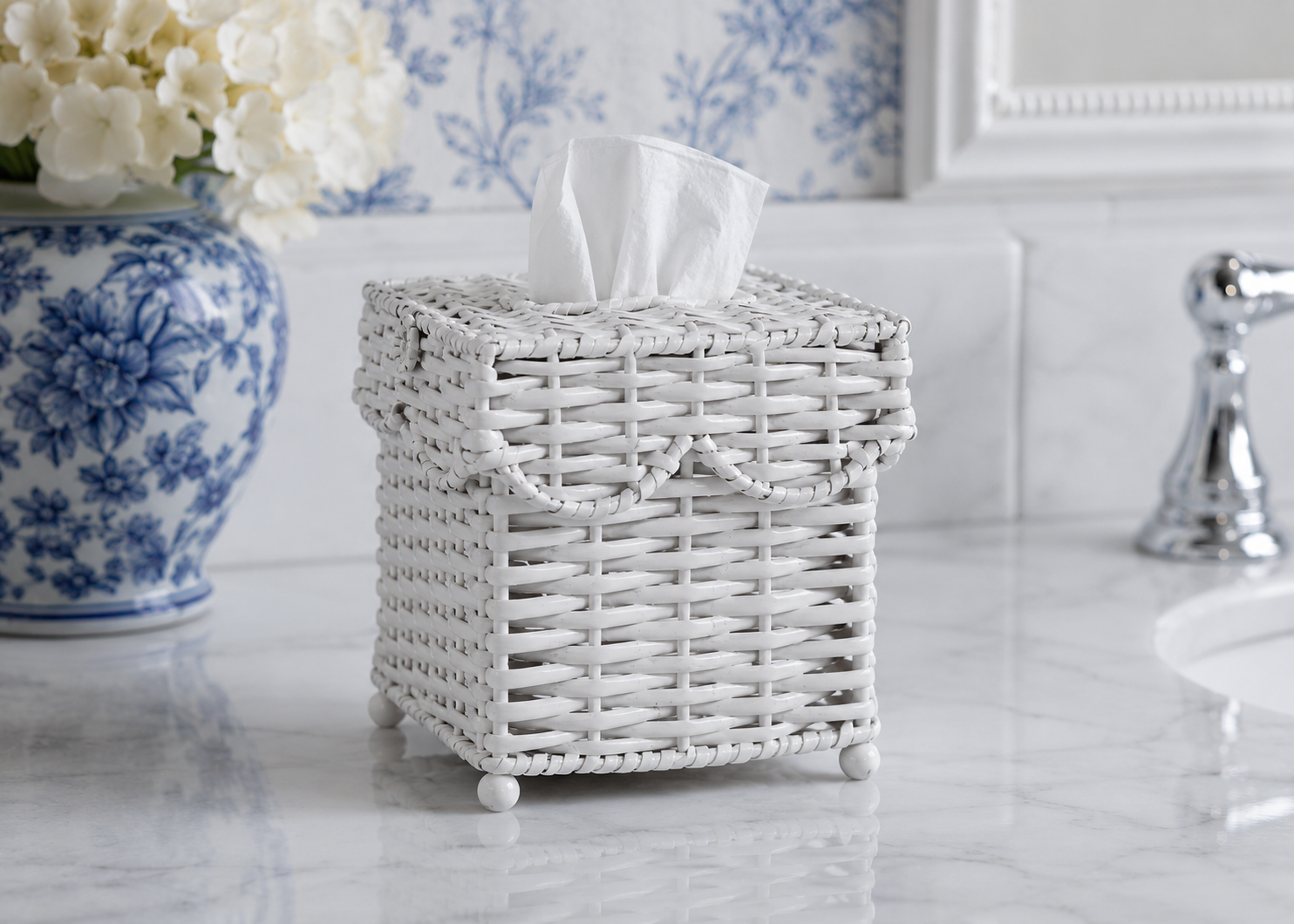 Square Scalloped White Wicker Wastepaper Basket & Tissue Holder (3 Options)