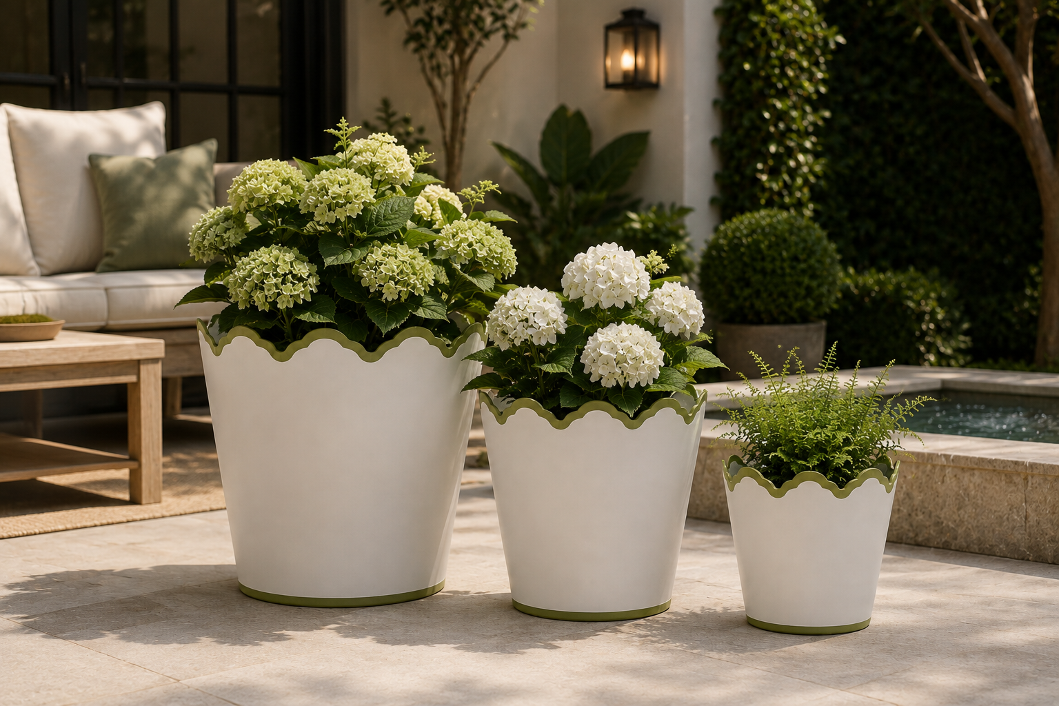 White & Soft Green Scalloped Bucket Wastepaper Basket & Planters (4 Options)
